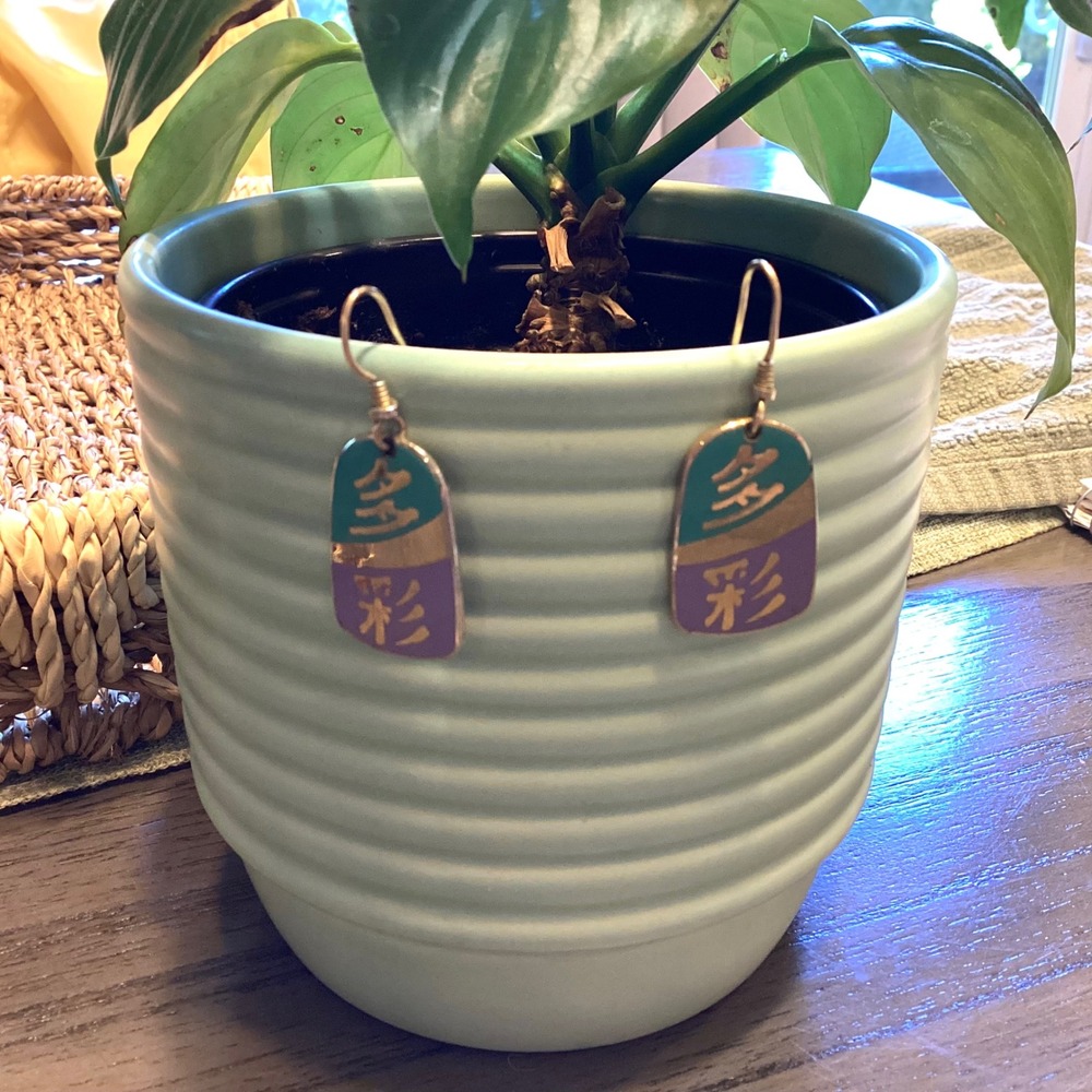 Laurel Burch Vintage Cloisonne Enamel Asian Character Drop Earrings Teal Purple